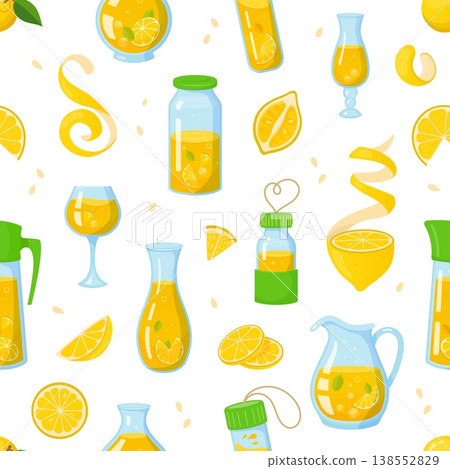 Cartoon citrus lemon fruit juice or lemonade drinks seamless pattern with citrus slices, jars, pitchers, glasses and yellow lemonade ornament. Vector seamless tile background, wallpaper or textile Cartoon citrus lemon fruit juice or lemonade drinks seamless pattern with citrus slices, jars, pitchers, glasses and yellow lemonade ornament. Vector seamless tile background, wallpaper or textile 138552829