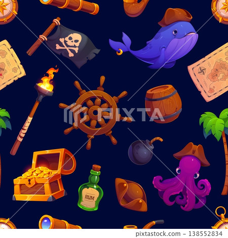 Pirate and corsair seamless pattern background with whale and Jolly Roger flag. Cartoon vector pattern with torch, rum barrel, dynamite, octopus and spyglass wallpaper or treasure hunt game pattern Pirate and corsair seamless pattern background with whale and Jolly Roger flag. Cartoon vector pattern with torch, rum barrel, dynamite, octopus and spyglass wallpaper or treasure hunt game pattern 138552834