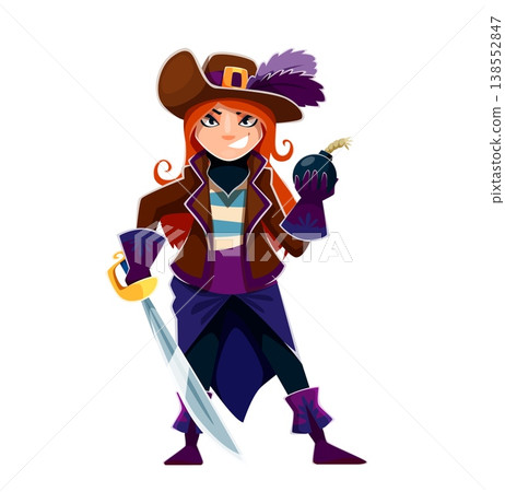 Cartoon Caribbean woman pirate vector character. Female corsair holds cutlass saber and black round cannonball bomb in hands. Vector girl with red hair, feathered hat, brown coat, and striped shirt Cartoon Caribbean woman pirate vector character. Female corsair holds cutlass saber and black round cannonball bomb in hands. Vector girl with red hair, feathered hat, brown coat, and striped shirt 138552847
