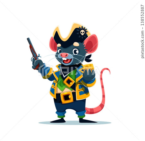 Cartoon rat or mouse pirate vector character stands proudly dressed in a dark blue and yellow coat with green vest underneath. Corsair holds a pistol in one hand and a piece of cheese in other 138552887