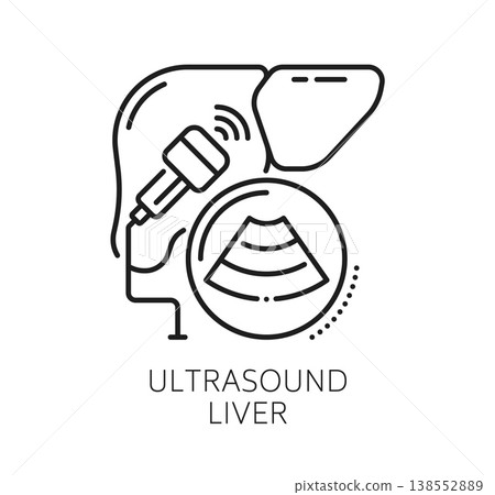 Chronic liver diseases and therapy, medical line icon. Clean linear symbol depicting the human liver and ultrasound machine. Minimalist vector emblem for patient education materials, medical website 138552889