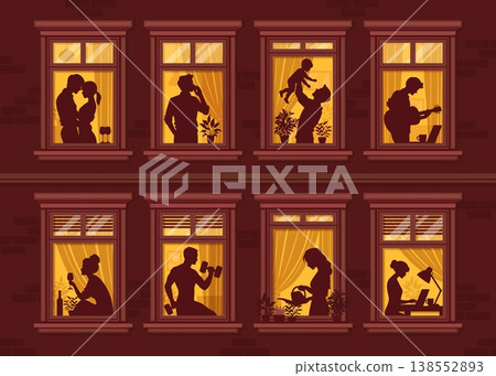 Male and female vector silhouettes in neighborhood night windows. Couple embracing, a parent lifting a child, person watering plants, chatting, playing music, relaxing with drinks. Urban neighborhood 138552893