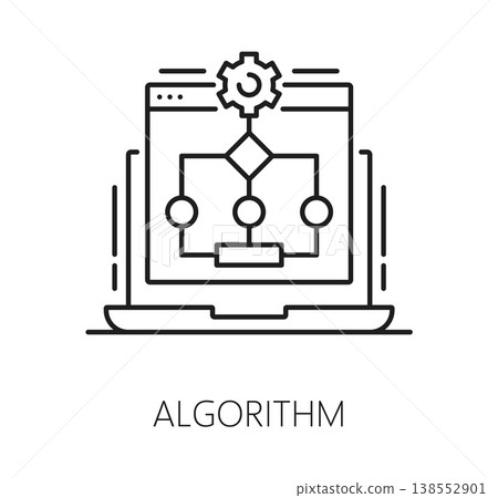 RPA algorithm line icon or pictogram. Business RPA tech thin line vector icon, robotic solution linear symbol. Process automation innovation outline pictogram with algorithm scheme on laptop screen 138552901