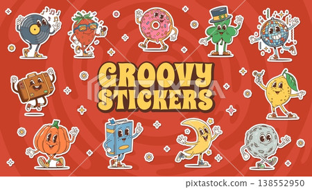 Cartoon groovy characters vector stickers. Dancing vinyl record, strawberry in sunglasses, pink donut, green clover in hat, disco ball, lemon with drink, smiling pumpkin book and suitcase personages 138552950