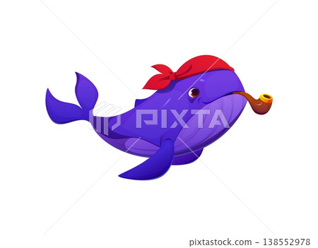 Cartoon whale pirate animal character with smoking pipe. Vector underwater blue sperm corsair and rover personage wearing red sailor bandana, navigates the sea seeking treasures and aquatic adventures 138552978