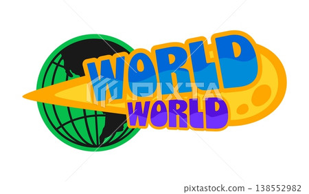 World globe Y2K funky sticker or symbol. Terrestrial sphere funky label, planet mesh sphere vector patch. Earth wireframe globe sticker or Y2k tag with flying comet, green globe and funky typography World globe Y2K funky sticker or symbol. Terrestrial sphere funky label, planet mesh sphere vector patch. Earth wireframe globe sticker or Y2k tag with flying comet, green globe and funky typography 138552982