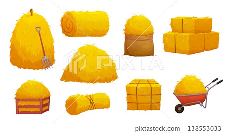 Farm hay and straw haystack, rolls and bale, loose piles, tied bundles, stacked cubes. Cartoon vector wooden crate storage, tied bundle and wheelbarrow with hay, rural farming harvest of dry grass set 138553033