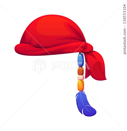 Pirate hat headband or corsair captain bandana headwear, cartoon vector. Caribbean pirate red bandana headband hat with gem beads and feather trinket pendant, sailor or boatswain or skipper hat 138553104