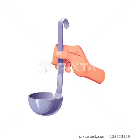 Hand holding ladle over bowl during cooking process. Vector kitchen utensil for serving soup or liquid food. Isolated vector object with glossy surface for culinary preparation and food serving 138553109