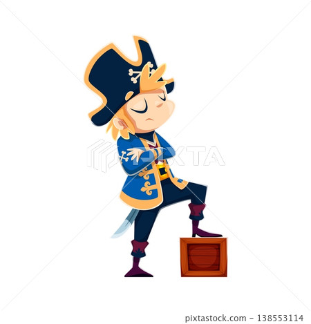 Cartoon pirate kid boy character standing proudly with crossed arms and foot on wood crate. Young corsair sailor wearing tricorn captain hat and classic costume with sword. Vector cute child buccaneer 138553114