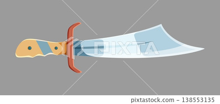 Cartoon pirate sword with a wide silver blade. Isolated vector corsair cutlass for naval fantasy games, cold steel arms, sharp ancient dagger, scimitar, medieval nautical sabre with curved blade 138553135