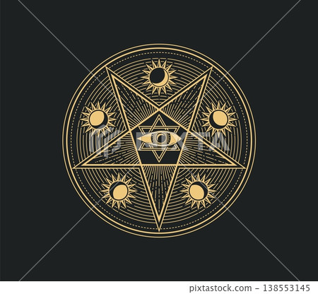 Mystical, magic and astrology occult symbol with central radiant star surrounded by smaller suns. Esoteric Star of David and watchful eye with sacred magic for mystical amulets, or fantasy book 138553145