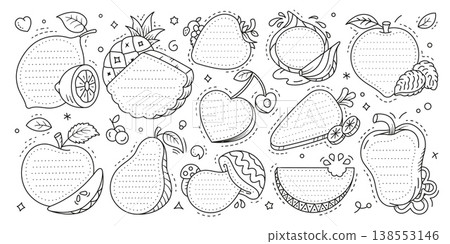 Kids memo note frame stickers with ripe fruits and vegetables, vector labels set. Kids memo note templates or notebook paper sheets with notepad page lines in shape of fruits and vegetables for notes Kids memo note frame stickers with ripe fruits and vegetables, vector labels set. Kids memo note templates or notebook paper sheets with notepad page lines in shape of fruits and vegetables for notes 138553146