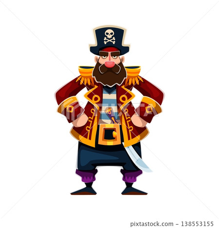 Cartoon pirate captain character, corsair seaman or boatswain with saber and tricorn hat. Isolated vector sea rover personage with beard and mustaches, ready for high seas adventures and treasure hunt 138553155