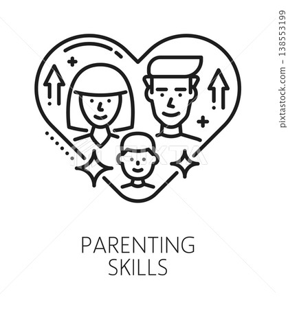 Parenting life skills line icon or sign. Human personal quality thin line vector symbol, parenting ability linear pictogram. Personality life skills outline sign or icon with parents and son child Parenting life skills line icon or sign. Human personal quality thin line vector symbol, parenting ability linear pictogram. Personality life skills outline sign or icon with parents and son child 138553199
