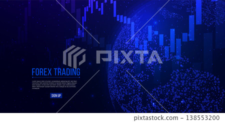 Forex trading banner. Candle stock graph chart with planet Earth. Stock market investment concepts. Global trading on blue background. Vector illustration Forex trading banner. Candle stock graph chart with planet Earth. Stock market investment concepts. Global trading on blue background. Vector illustration 138553200