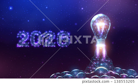 Futuristic light bulb, glowing polygon mesh. Abstract tech concept representing innovation, creative solutions, and digital energy in neon blue geometric wireframe style. Vector illustration. Futuristic light bulb, glowing polygon mesh. Abstract tech concept representing innovation, creative solutions, and digital energy in neon blue geometric wireframe style. Vector illustration. 138553205