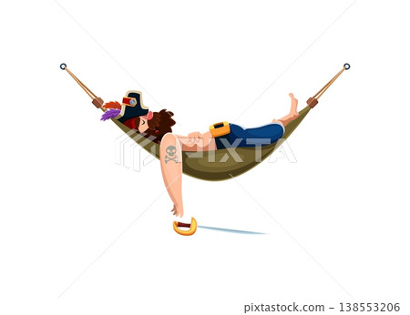 Brave relaxed pirate corsair cartoon character sleeping in hammock, wearing feathered tricorn hat and belt with golden buckle. His sword has slipped from his hand. Vector pirate for storytelling Brave relaxed pirate corsair cartoon character sleeping in hammock, wearing feathered tricorn hat and belt with golden buckle. His sword has slipped from his hand. Vector pirate for storytelling 138553206