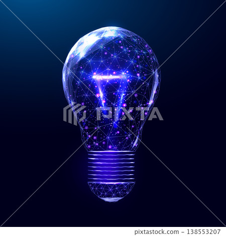Digital lightbulb wireframe glowing on futuristic blue background. Low poly lamp, innovation, technology concepts, and bright business ideas in abstract wireframe design.Vector illustration. Digital lightbulb wireframe glowing on futuristic blue background. Low poly lamp, innovation, technology concepts, and bright business ideas in abstract wireframe design.Vector illustration. 138553207