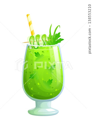 Green vegan smoothie drink glass. Vector fresh healthy green juice decorated with parsley leaves, spiral cucumber garnish and paper straw. Detox menu, healthy lifestyle, vegetarian beverage 138553210