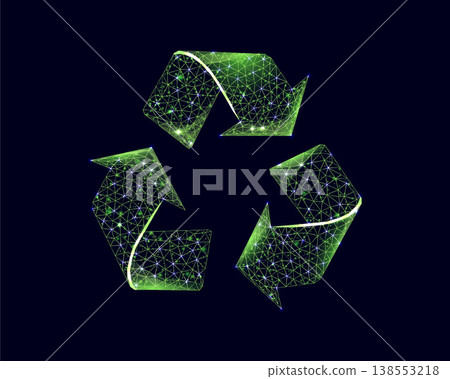 Recycling sign, glowing blue lowpoly wireframe on a dark background. Vector illustration design concept of Environment day. Recycling sign, glowing blue lowpoly wireframe on a dark background. Vector illustration design concept of Environment day. 138553218
