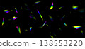 Blurred rainbow refraction overlay effect. Light lens prism effect on black background. Holographic reflection, crystal flare leak shadow overlay. Vector abstract illustration. 138553220