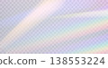 Rainbow blurred refraction overlay effect. Colorful light lens prism on transparent background. Holographic reflection, iridescent crystal flare leak shadow overlay. Vector abstract illustration. 138553224