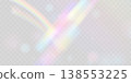 Rainbow blurred refraction overlay effect. Colorful light lens prism on transparent background. Holographic reflection, iridescent crystal flare leak shadow overlay. Vector abstract illustration. 138553225