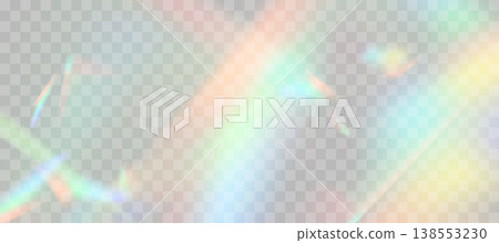 Blurred rainbow refraction overlay effect. Light lens prism effect on transparent background. Holographic reflection, crystal flare leak shadow overlay. Vector abstract illustration. Blurred rainbow refraction overlay effect. Light lens prism effect on transparent background. Holographic reflection, crystal flare leak shadow overlay. Vector abstract illustration. 138553230