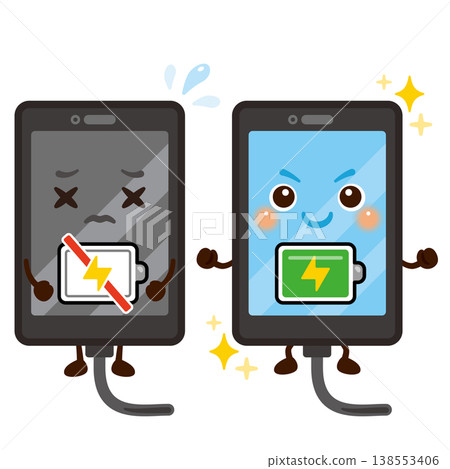 A set of illustrations of a smartphone character being charged. A set of illustrations of a smartphone character being charged. 138553406
