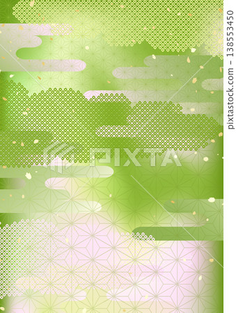 A Japanese-style background illustration combining a gradient of matcha and cherry blossoms with traditional patterns. 138553450