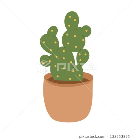Small cactus houseplant in terracotta pot with yellow dots Small cactus houseplant in terracotta pot with yellow dots 138553855