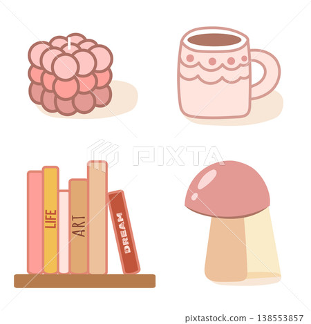 Home interior set with book shelf, candle and mug Home interior set with book shelf, candle and mug 138553857