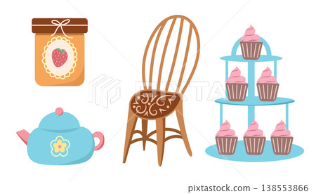 Tea party set with teapot, cupcake stand and chair 138553866