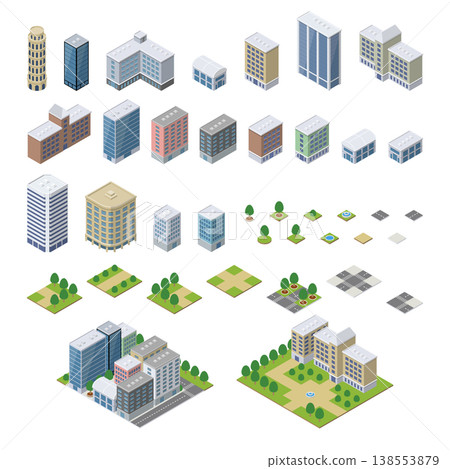 Isometric cityscape and building parts set [City map, houses, parks, roads] 138553879