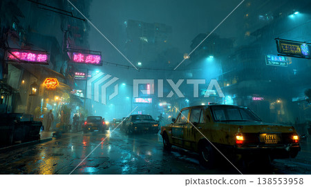 A cyberpunk futuristic cityscape, drenched in rain. 138553958