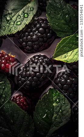 Vibrant Fresh Blackberries with Dew Drops and Green Leaves Displayed at a Farmers Market Stall 138554641