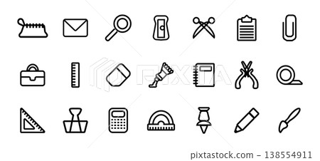 Stationery icon set for office and education. Paintbrush and protractor, briefcase and pencil. Stationery icon set for office and education. Paintbrush and protractor, briefcase and pencil. 138554911