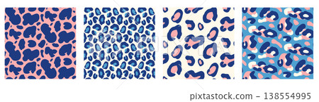 Animal seamless pattern in glam pink and blue with cheetah spot. Girly animalistic theme print collection with camouflage on fashion backdrop. Hand drawn vector set of freeform motifs for textile Animal seamless pattern in glam pink and blue with cheetah spot. Girly animalistic theme print collection with camouflage on fashion backdrop. Hand drawn vector set of freeform motifs for textile 138554995