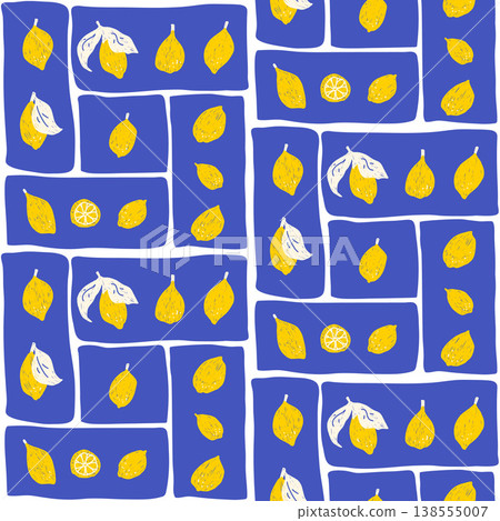 Lemons naive crayon drawn seamless pattern. Patchwork fruit summer repeat background. Surface pattern design italian mediterranean motif. Vector hand drawn citrus illustration Lemons naive crayon drawn seamless pattern. Patchwork fruit summer repeat background. Surface pattern design italian mediterranean motif. Vector hand drawn citrus illustration 138555007