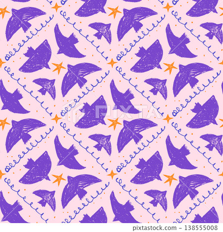 Romantic bird seamless pattern with purple crayon silhouettes and stars on pink. Squiggle doodles form vector dove birds pattern in argyle for textile. Magic sketch for fabric, wallpaper and fashion Romantic bird seamless pattern with purple crayon silhouettes and stars on pink. Squiggle doodles form vector dove birds pattern in argyle for textile. Magic sketch for fabric, wallpaper and fashion 138555008