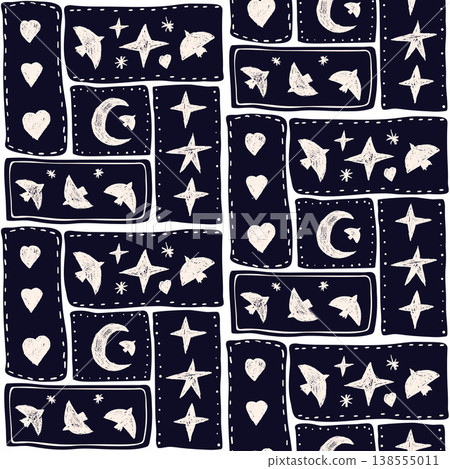 Seamless pattern linocut of geometric bento tiles with stitch borders hold bird shapes on dark background. Bird, moon and heart in geometric frames as vector print. Naive dove, star crescent in folk Seamless pattern linocut of geometric bento tiles with stitch borders hold bird shapes on dark background. Bird, moon and heart in geometric frames as vector print. Naive dove, star crescent in folk 138555011