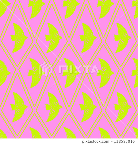 Vibrant bird fashion seamless pattern with lime green crayon silhouettes on hot pink harlequin. Dopamine colors birds sketch a neon seamless vector pattern for fashion and textile. Print for fabric Vibrant bird fashion seamless pattern with lime green crayon silhouettes on hot pink harlequin. Dopamine colors birds sketch a neon seamless vector pattern for fashion and textile. Print for fabric 138555016
