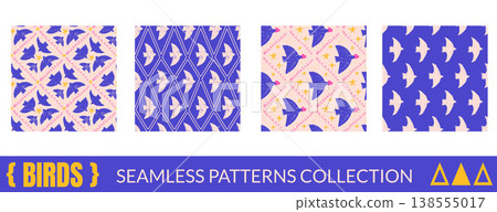Romantic bird seamless pattern collection with cute scribble doodle and crayon stars. Harlequin bird pattern in trendy geometric silhouette for print. Naive hand drawn vector dove with pastel lace Romantic bird seamless pattern collection with cute scribble doodle and crayon stars. Harlequin bird pattern in trendy geometric silhouette for print. Naive hand drawn vector dove with pastel lace 138555017