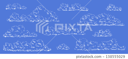 White pen sketch doodle clouds. Windy sky set. Vintage pencil lines, retro hatching. Vector illustration for nature-themed graphics. Cloudy sky set isolated on blue summer background 138555029