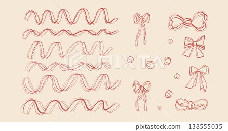 Whimsical lace ribbons, bows set. Menu text dividers, frame underline elements set. Party coquette girly bow emphasis invitation border lines. Vector hand drawn red band event text separators shapes Whimsical lace ribbons, bows set. Menu text dividers, frame underline elements set. Party coquette girly bow emphasis invitation border lines. Vector hand drawn red band event text separators shapes 138555035