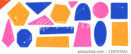 Colorful playful geometric shapes with crayon ink and crayon texture. Geometry shape set in blue, orange and pink as grunge frame. Hand drawn vector elements for quote sticker, text box and kid design 138555041