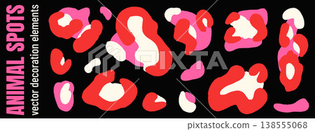 Girly animal spots in red and pink with cream shapes on dark background. Romantic animal elements as a vector decoration set for trendy print. Leopard skin and panther fur for coquette fashion design Girly animal spots in red and pink with cream shapes on dark background. Romantic animal elements as a vector decoration set for trendy print. Leopard skin and panther fur for coquette fashion design 138555068