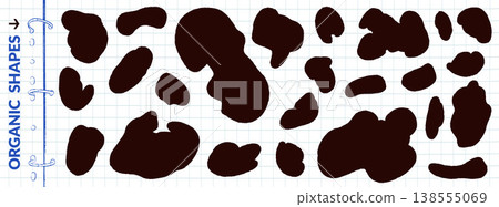 Irregular spots in flat dark silhouette for abstract organic shape pattern. Bold irregular blobs with simple uneven form as a vector set. Amoeba spots in splodge outline fort trendy decor design 138555069