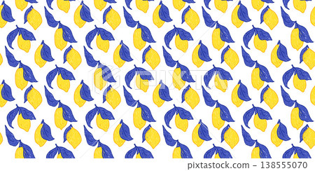 Seamless pattern with crayon lemons elements. Yellow and blue summer citrus design for textiles, kitchen decor, Mediterranean-inspired pastel pencil print. Vector mini naive hand drawn background Seamless pattern with crayon lemons elements. Yellow and blue summer citrus design for textiles, kitchen decor, Mediterranean-inspired pastel pencil print. Vector mini naive hand drawn background 138555070